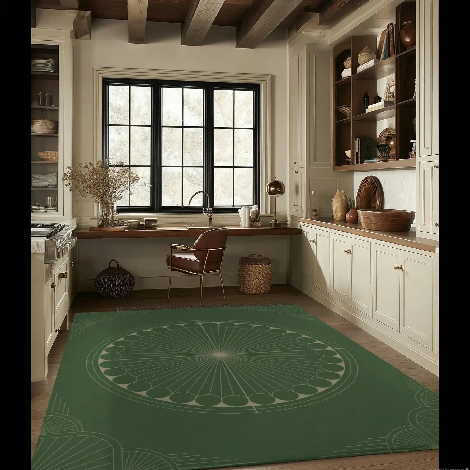 A stylish Green Moon Art Deco hand-tufted wool rug elegantly placed in a cozy living room setting. The area rug features intricate geometric patterns that enhance the room's aesthetic, making it a perfect choice for area rugs for living room spaces.