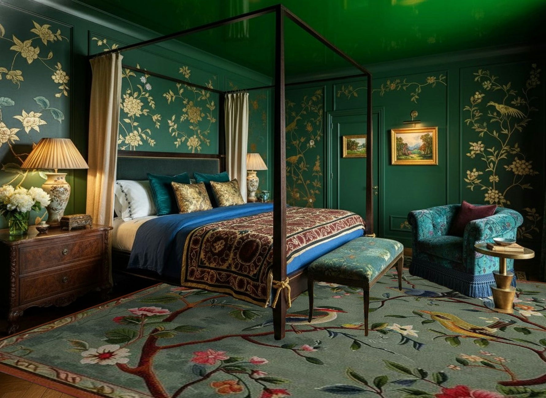 Luxurious bedroom with floral wallpaper, canopy bed, and decorative rug.