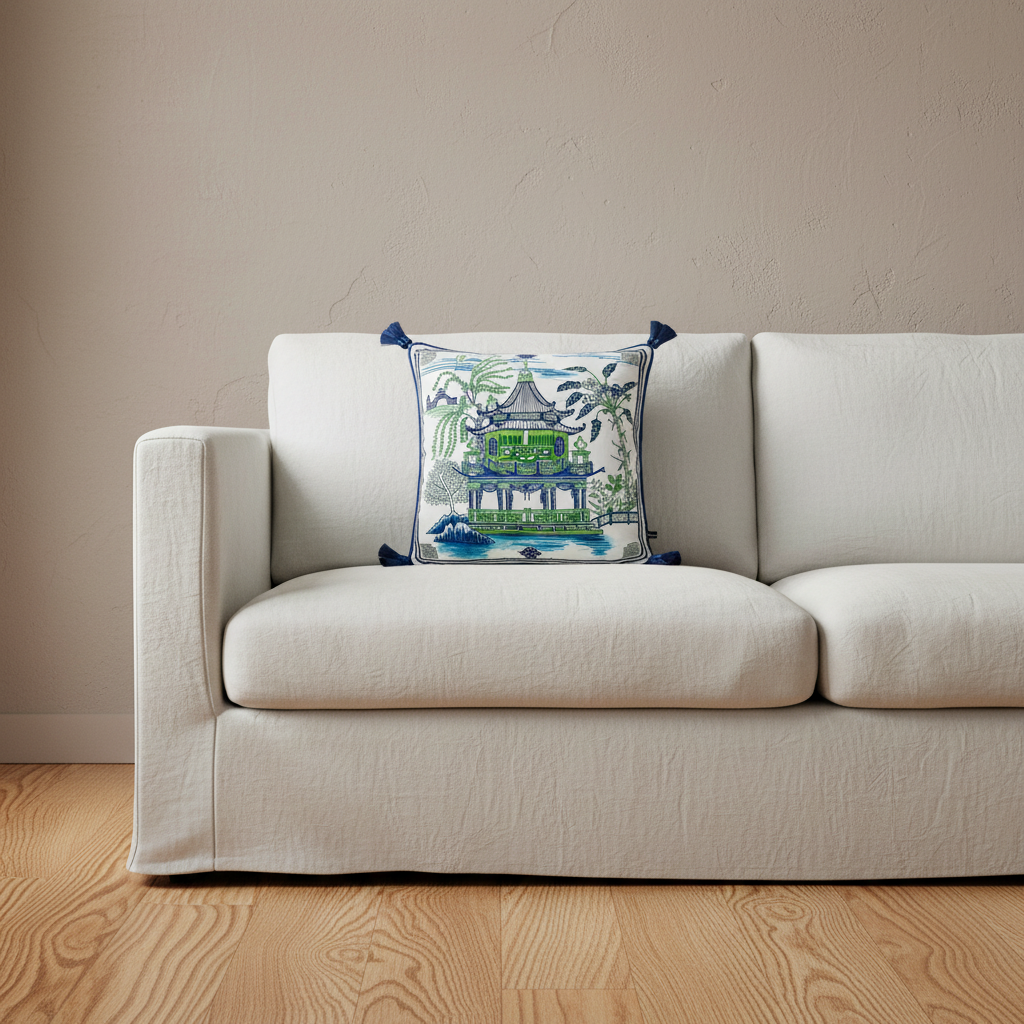A square throw pillow with a blue and green Chinese-style pagoda and landscape print, styled on a cream-colored sofa against a beige wall and light wood floor.