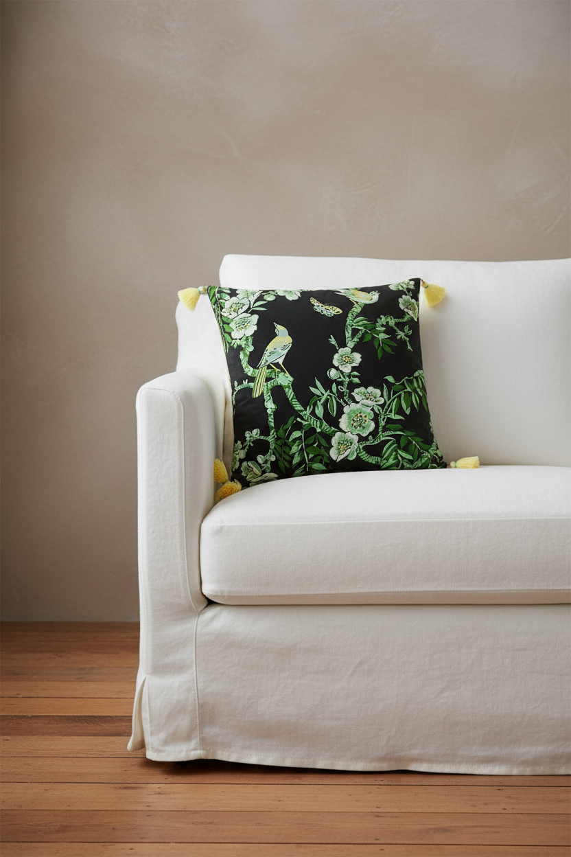 A black throw pillow with a green floral and bird pattern, accented with yellow tassels, styled on a white slipcovered armchair against a textured beige wall and wooden floor.