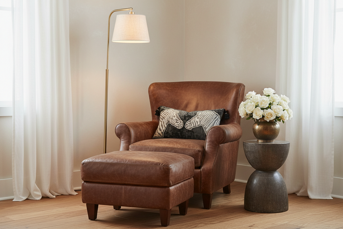 A brown leather armchair with an ottoman in a bright room with white curtains, a floor lamp, and a side table with white flowers.