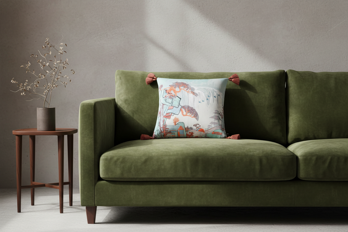 Tranquil Pagoda pillow cover with a bird and pagoda print on a green sofa beside a wood side table