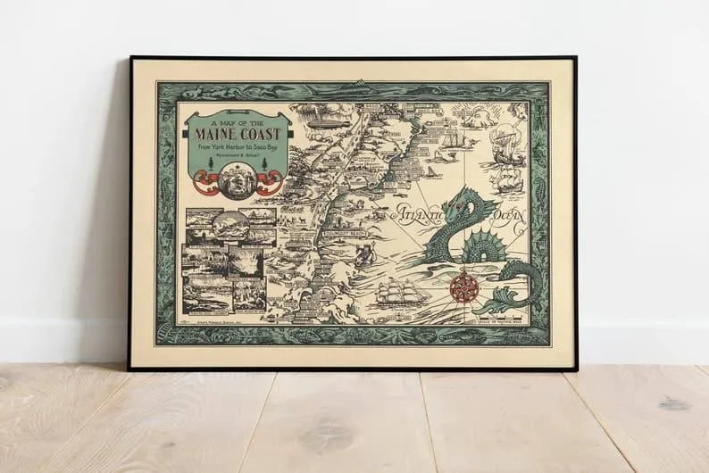 Maine Coast Map Wall Print| 1929 Gulf of Maine Map