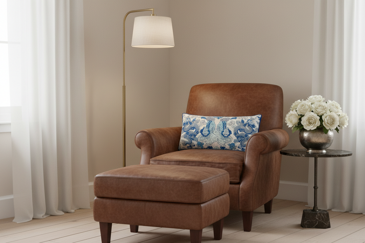 A white armchair with woven cane panels and a beige upholstered seat, styled with a blue and white patterned accent pillow. It is set in a bright room with white sheer curtains, a wooden floor, a matching woven side table, a gold floor lamp, and a vase of pink flowers.
