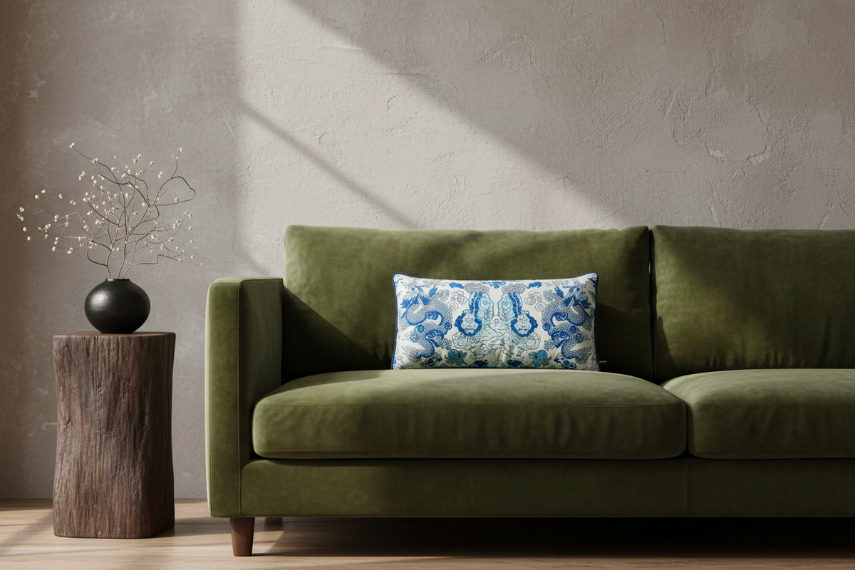An olive green velvet sofa in a styled living room setting, featuring a decorative blue and white patterned throw pillow and a rustic wooden side table with a black vase.