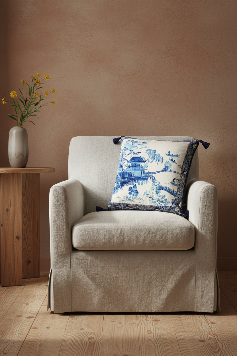 Majestic Blue Pagoda Oasis cushion cover on a beige slipcovered armchair beside a wood side table