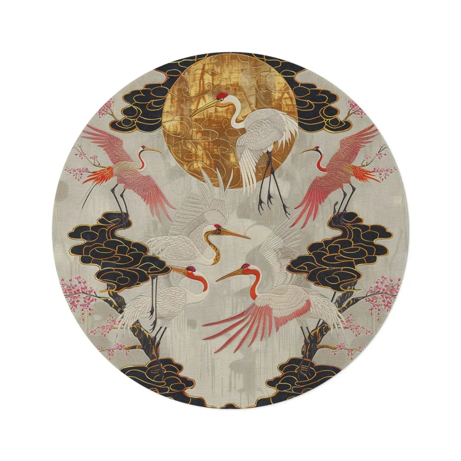 Decorative rug with crane design on a white background