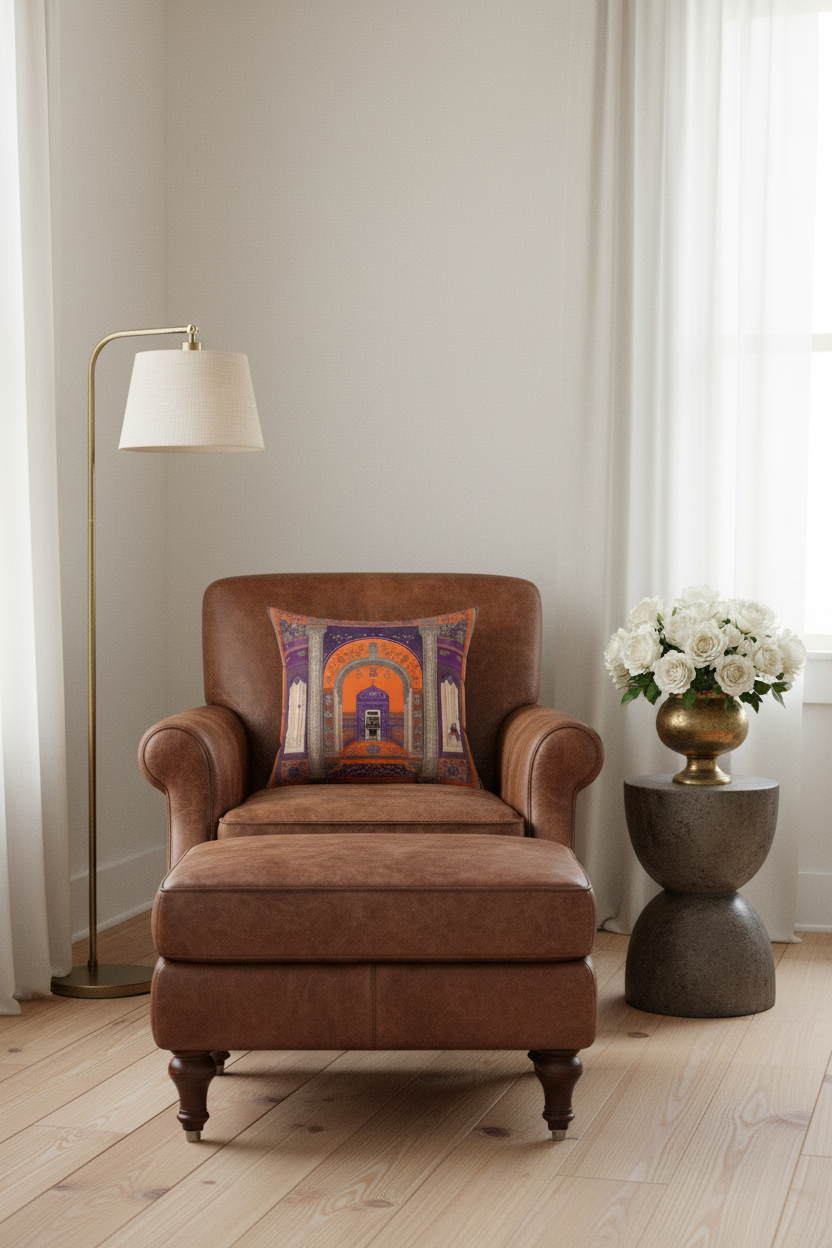 A brown leather armchair with a matching ottoman in a bright, modern living room setting. A colorful patterned throw pillow rests on the chair, alongside a brass floor lamp and a side table with white roses.