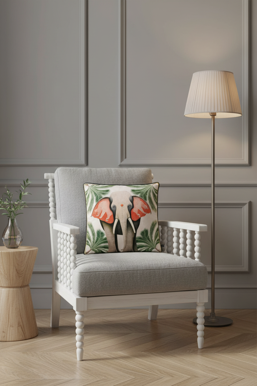 A light gray upholstered armchair with a white spindle-back frame and a decorative throw pillow featuring an elephant and tropical leaves, styled in a modern living room with a floor lamp and wood paneled wall.
