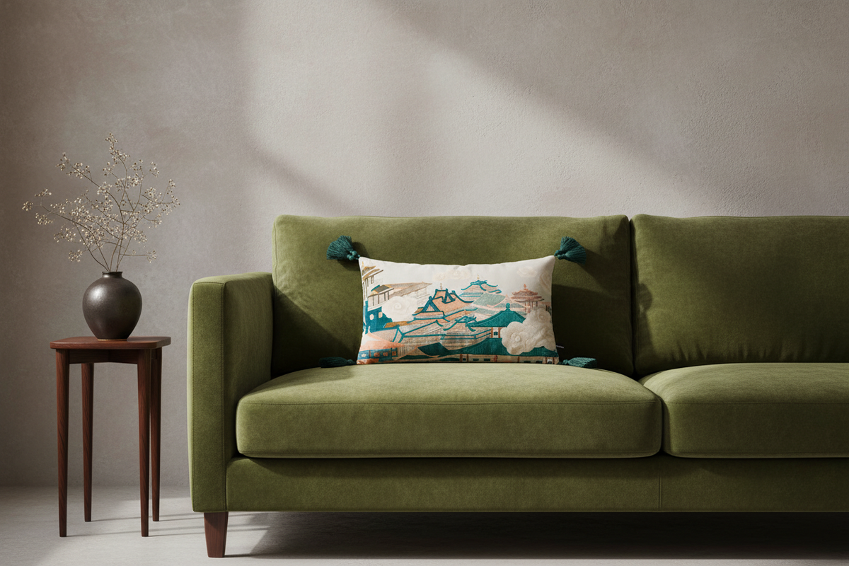 A beige upholstered armchair with woven cane side panels and white legs, styled in a bright room with a decorative multicolor landscape throw pillow, a patterned cream pillow, a gold floor lamp, and a wooden side table with pink flowers.