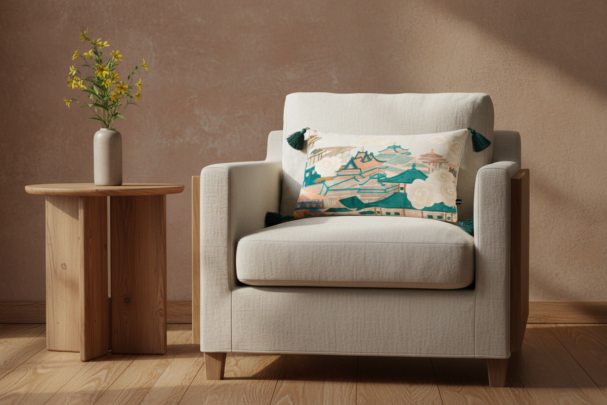 A beige upholstered armchair with woven cane side panels and white legs, styled in a bright room with a decorative multicolor landscape throw pillow, a patterned cream pillow, a gold floor lamp, and a wooden side table with pink flowers.