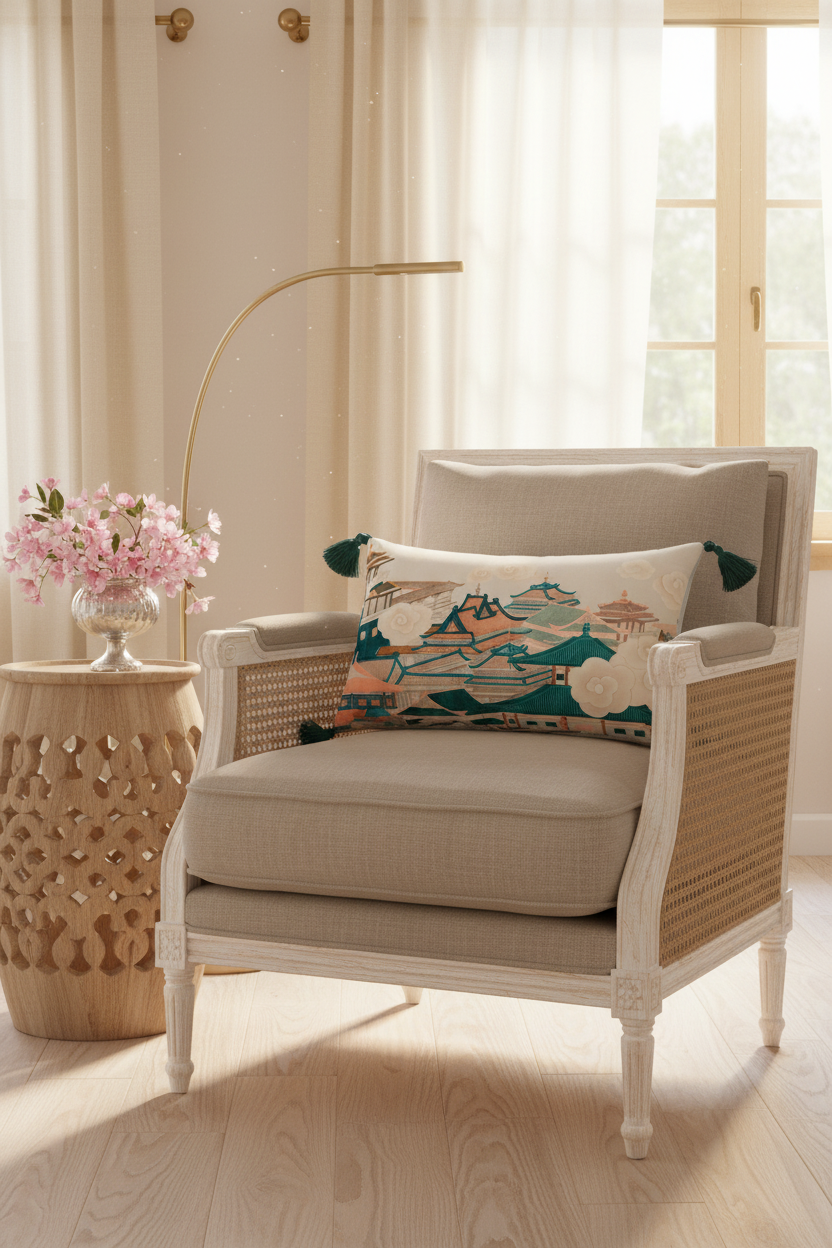 A beige upholstered armchair with woven cane side panels and white legs, styled in a bright room with a decorative multicolor landscape throw pillow, a patterned cream pillow, a gold floor lamp, and a wooden side table with pink flowers.