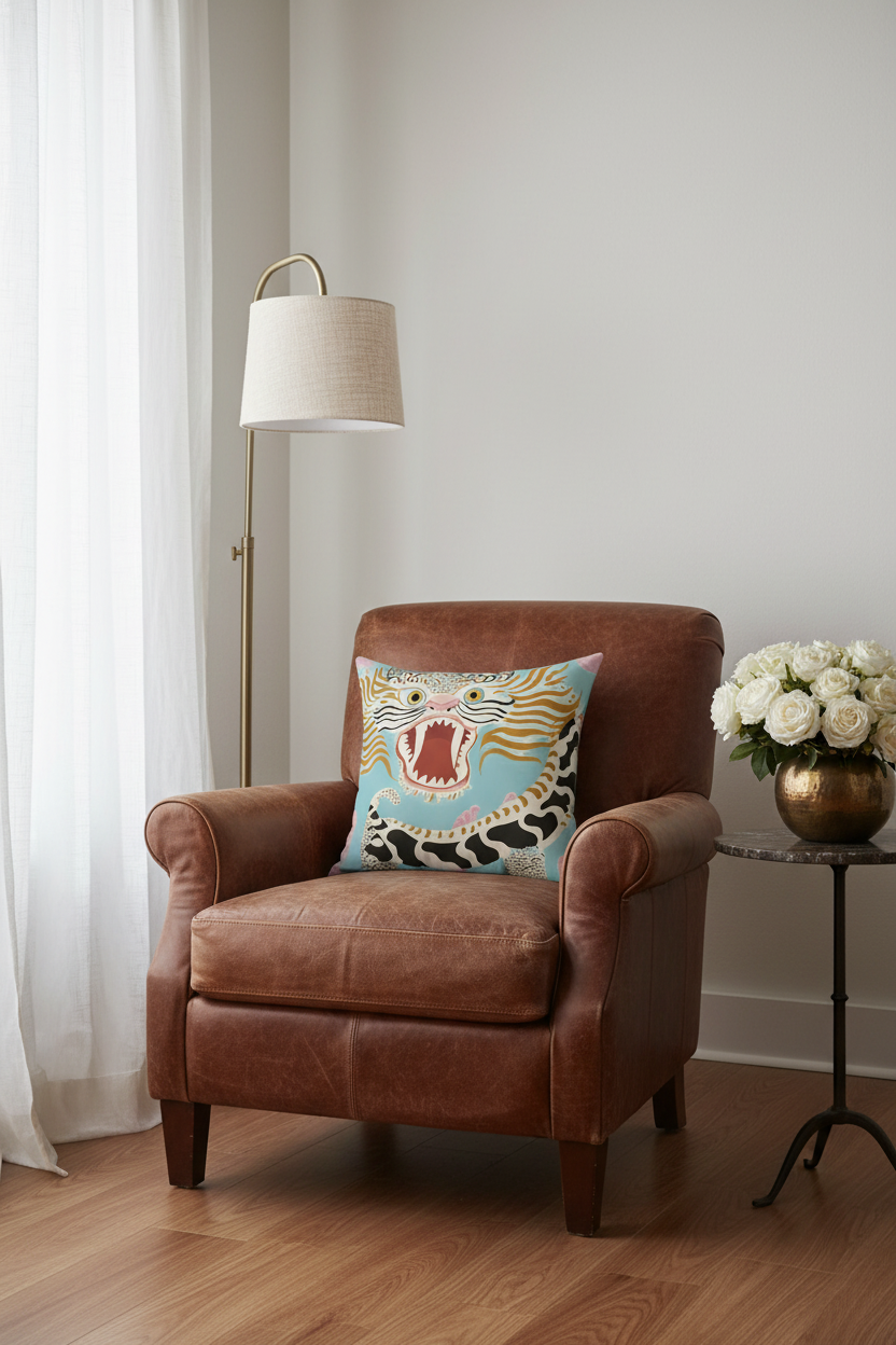A brown leather armchair in a styled room setting, featuring a square throw pillow with a colorful roaring tiger design. A floor lamp stands to the left, and a small side table with white roses is on the right.