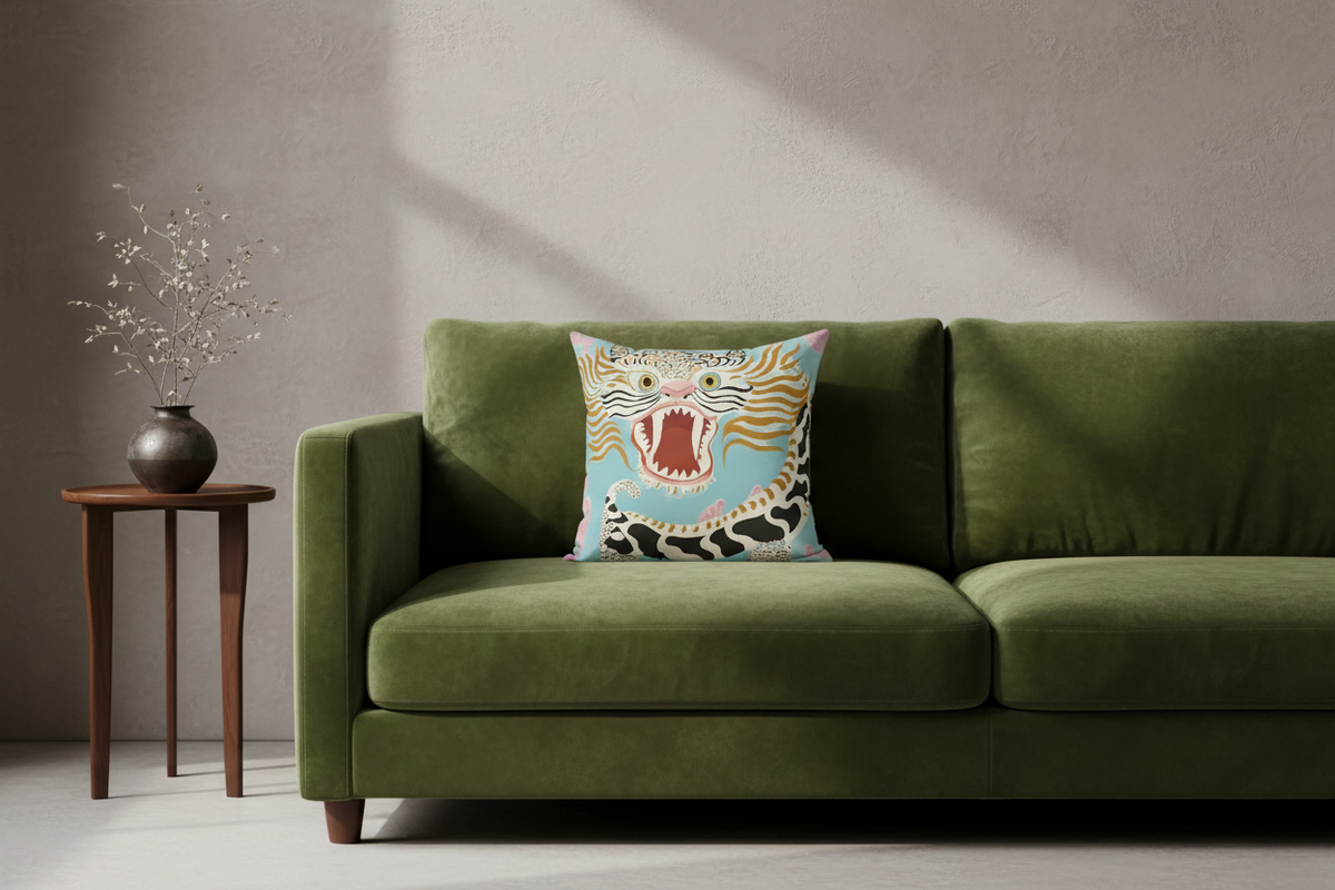 A brown leather armchair in a styled room setting, featuring a square throw pillow with a colorful roaring tiger design. A floor lamp stands to the left, and a small side table with white roses is on the right.