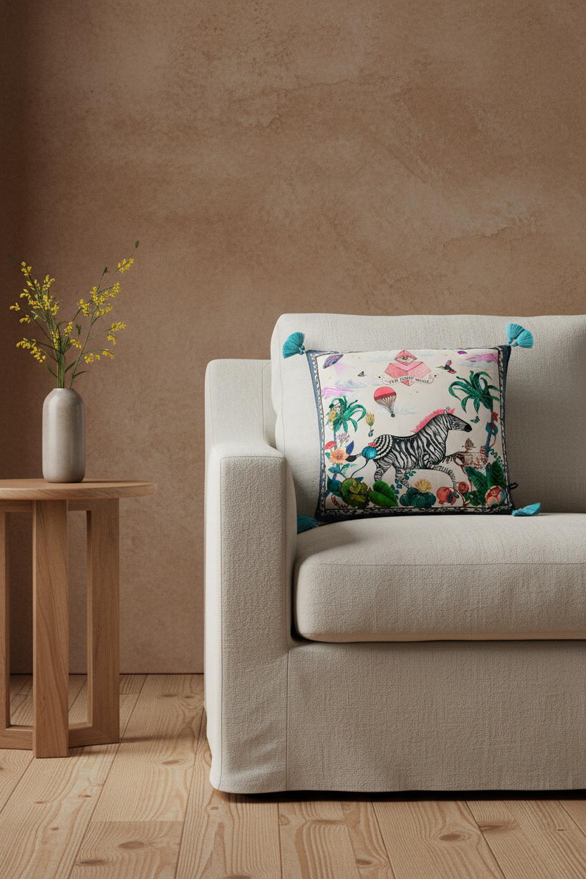 A square decorative throw pillow with a colorful tropical and zebra print, styled on a light beige slipcovered sofa next to a wooden side table with a vase of yellow flowers against a textured brown wall.