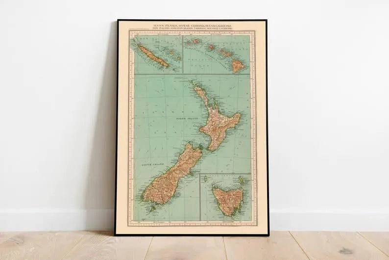 Map Print of New Zealand, Hawaii, Tasmania and New Caledonia