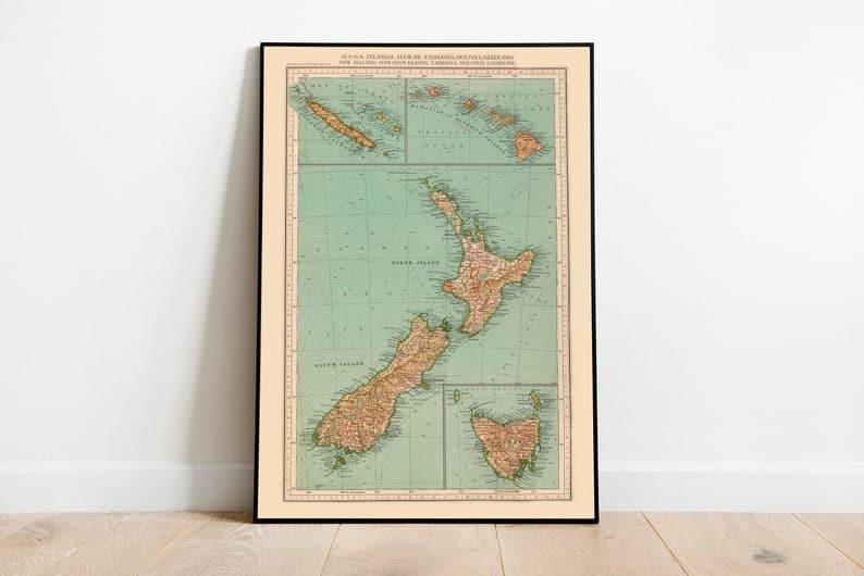 Map Print of New Zealand, Hawaii, Tasmania and New Caledonia 