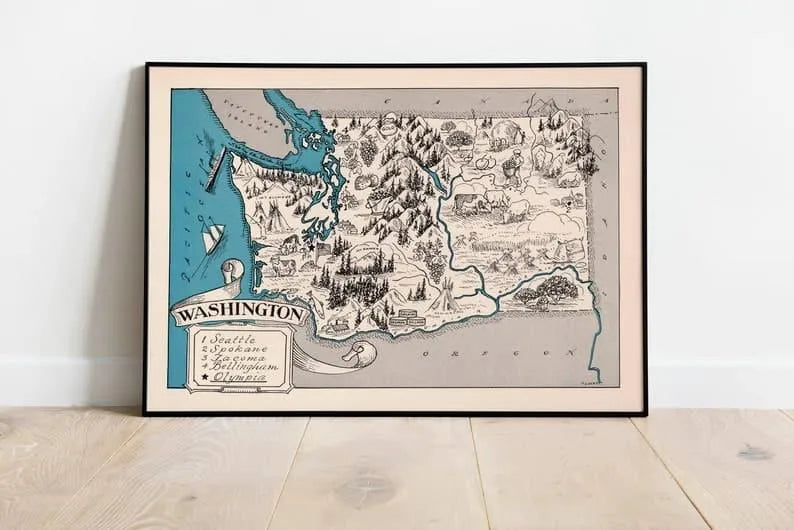 Vintage Washington Map Print| Washington Canvas Wall Art