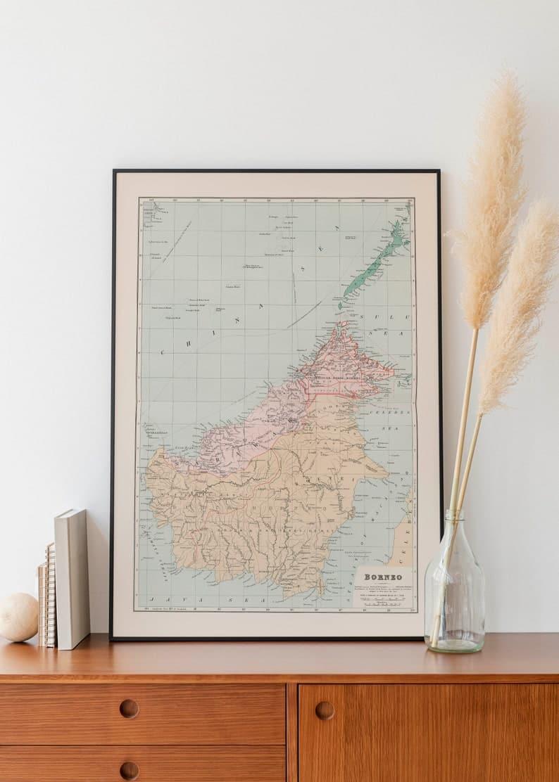 Map of Borneo 1904| Old Map Wall Decor| Vintage 