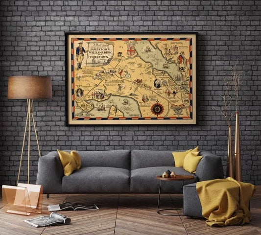 Map of Jamestown, Williamsburg and Yorktown| Virginia Wall Print