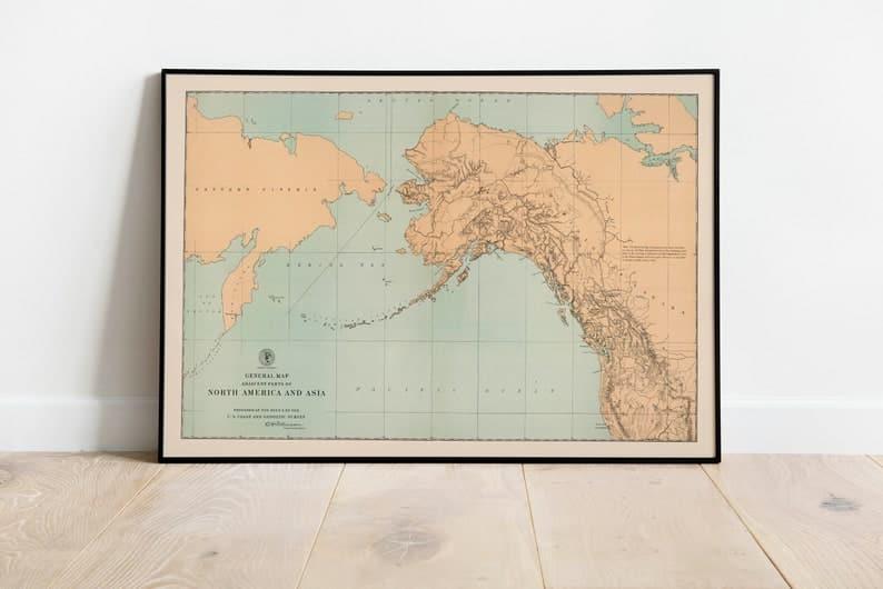 Map of Parts of North America and Asia 1903| Old Map Wall Decor 