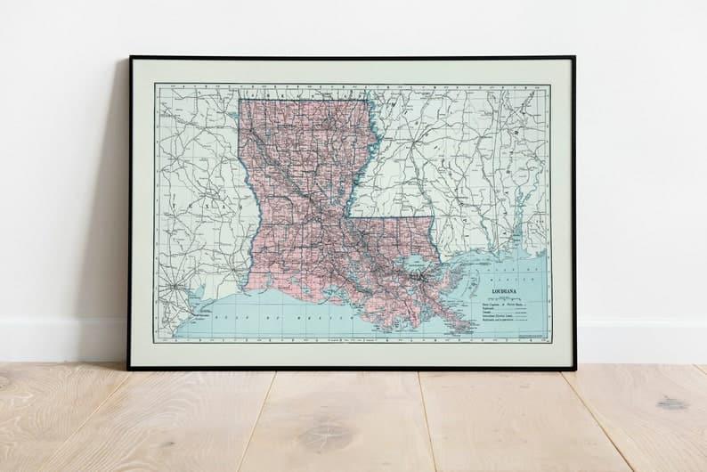 Map of State of Louisiana| Vintage Louisiana Map Print 