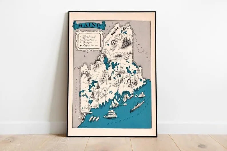 Map of State of Maine| Vintage Maine Map Print