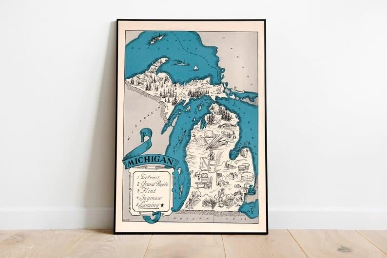 Map of State of Michigan| Vintage Michigan Map Print 