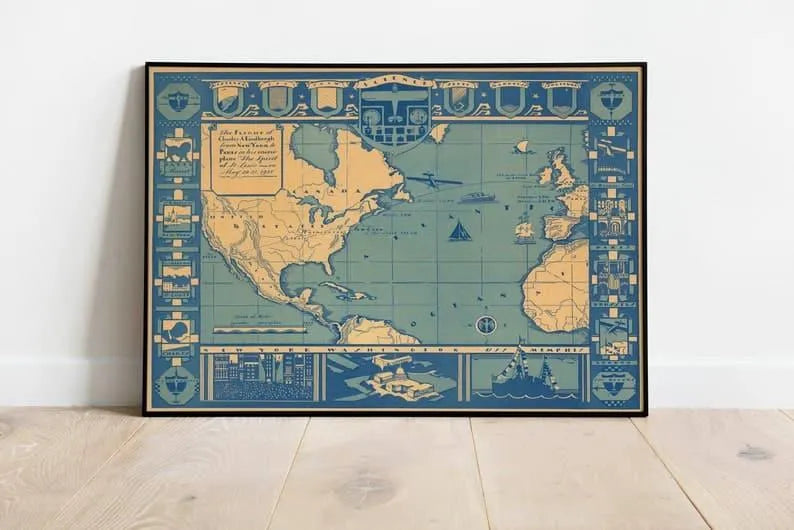 Map of The Flight of Charles Lindbergh from New York to Paris| Flight Poster