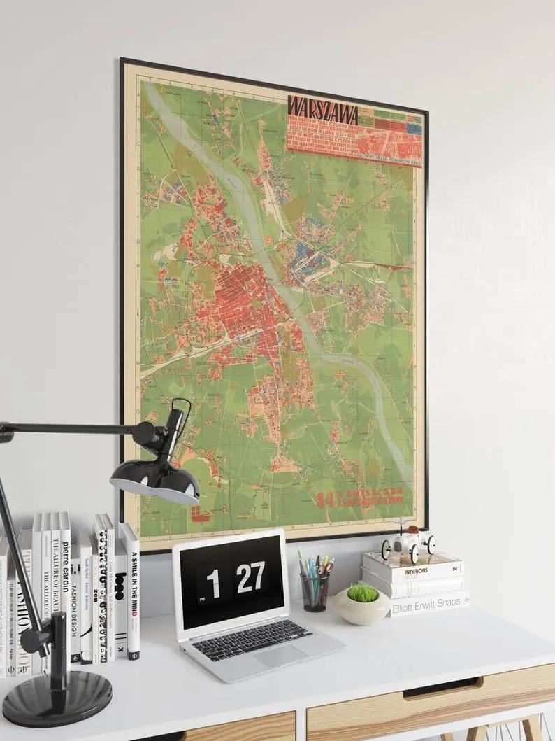 Map of Warsaw 1949| Old Map Wall Decor