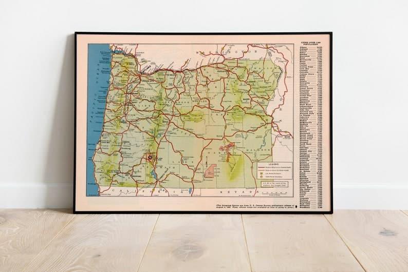Map of the United States 1872| Old Map Wall Decor Map of Oregon 1949| Old Map Wall Decor 
