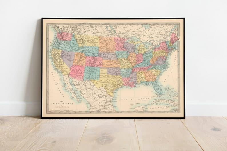 Map of the United States 1872| Old Map Wall Decor 