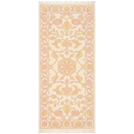 A rectangular area rug with a traditional floral pattern in soft pink, yellow, and cream, featuring fringe on the top and bottom edges.