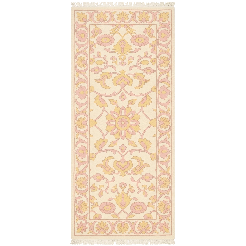 A rectangular area rug with a traditional floral pattern in soft pink, yellow, and cream, featuring fringe on the top and bottom edges.