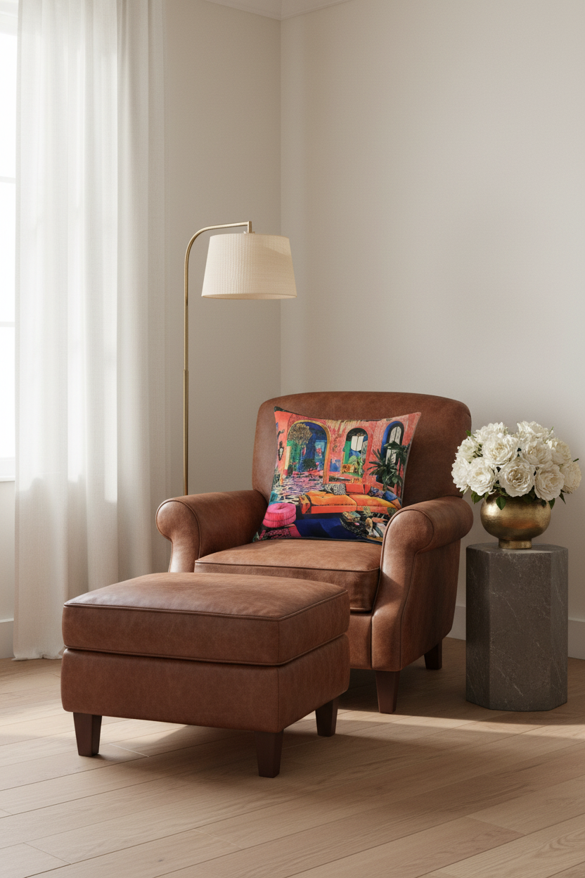 A brown leather armchair with matching ottoman in a bright, modern room. The armchair features a colorful abstract art print throw pillow, next to a gold floor lamp and a stone side table with white flowers.