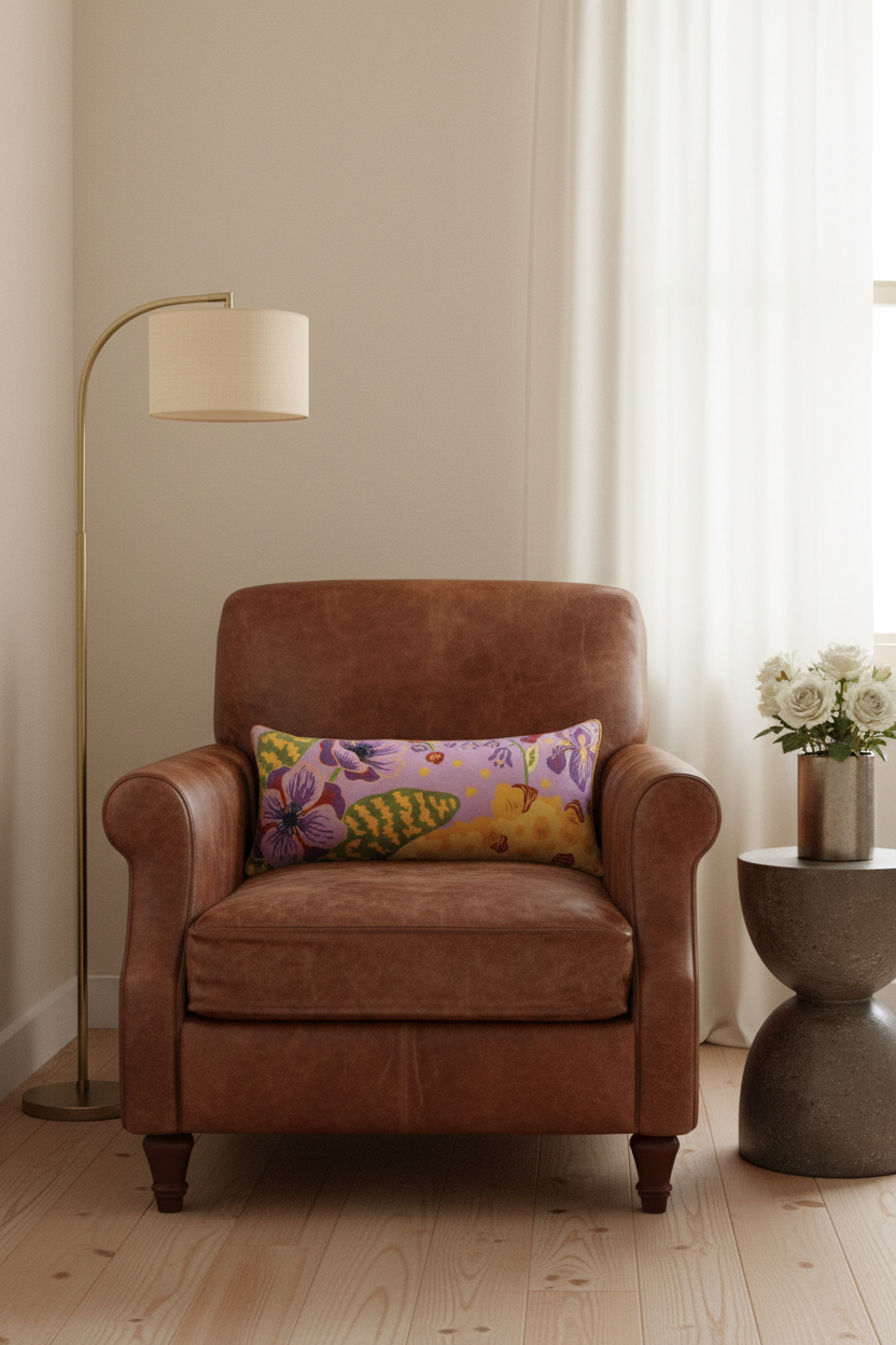 A brown leather armchair in a styled room setting with a colorful floral throw pillow, a floor lamp, and a side table with white flowers.