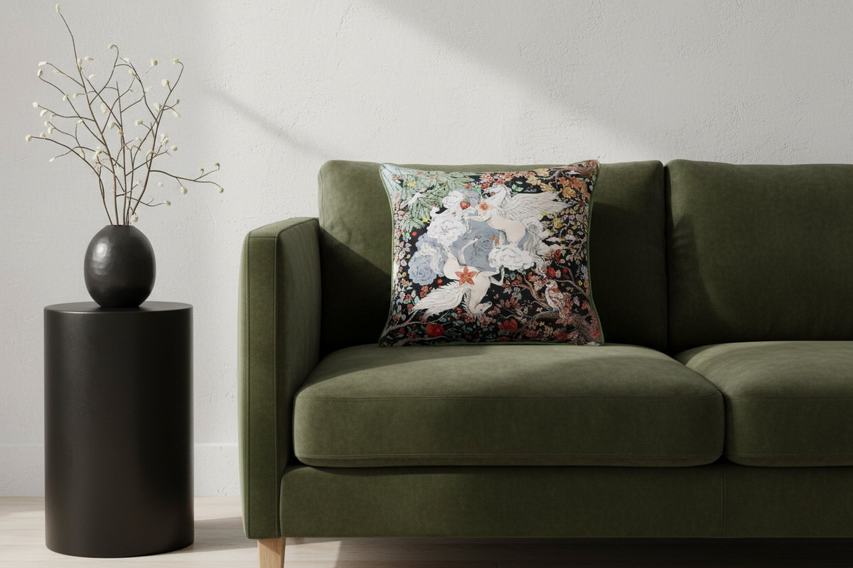 An olive green velvet sofa in a modern living room setting, featuring a square decorative throw pillow with a detailed white and gray bird and floral pattern on a dark background. A black cylindrical side table with a black vase and dried branches stands to the left.