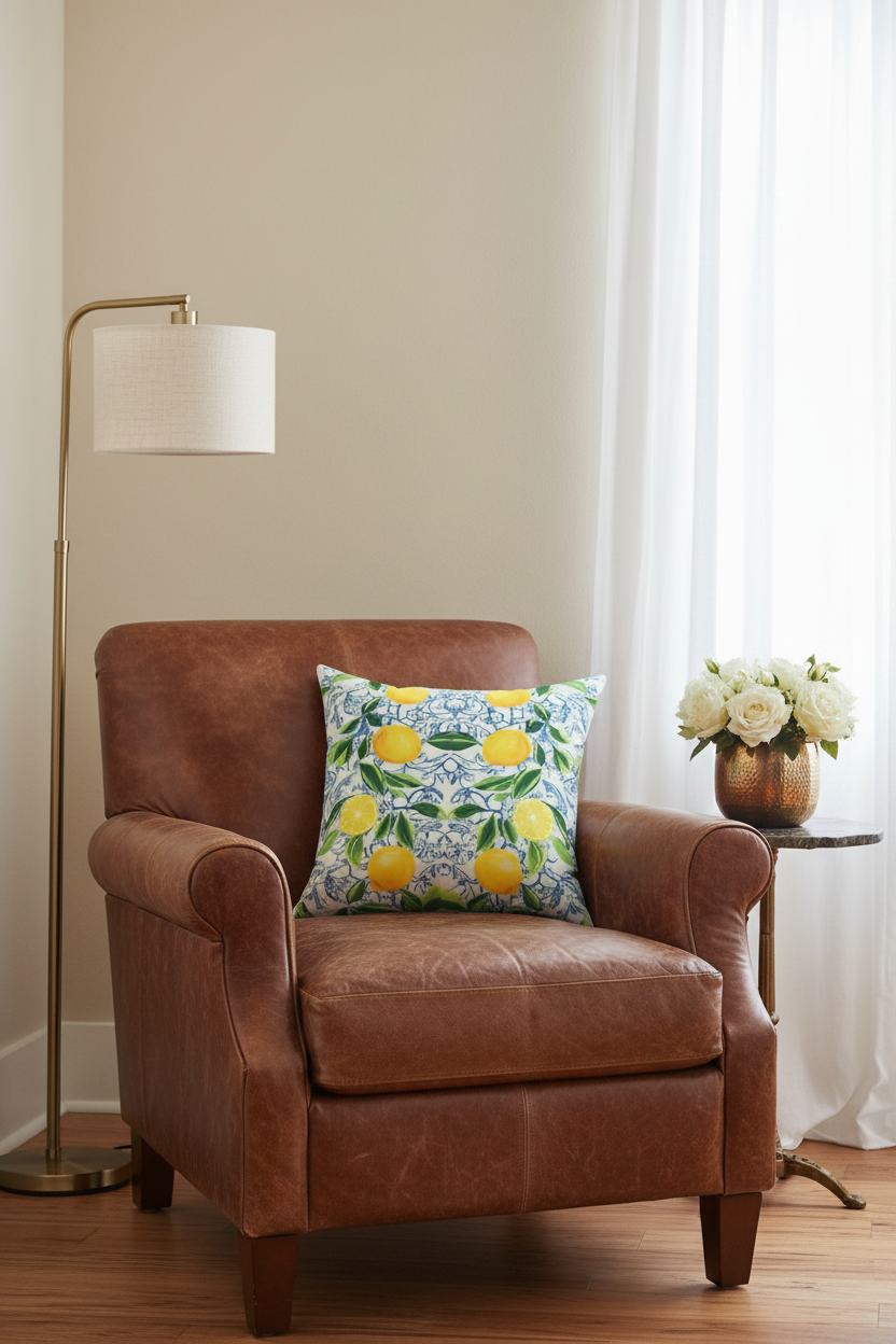 A brown leather armchair in a styled room setting, featuring a decorative throw pillow with a yellow lemon and blue floral pattern. A gold floor lamp stands on the left, and a small side table with white flowers is on the right.