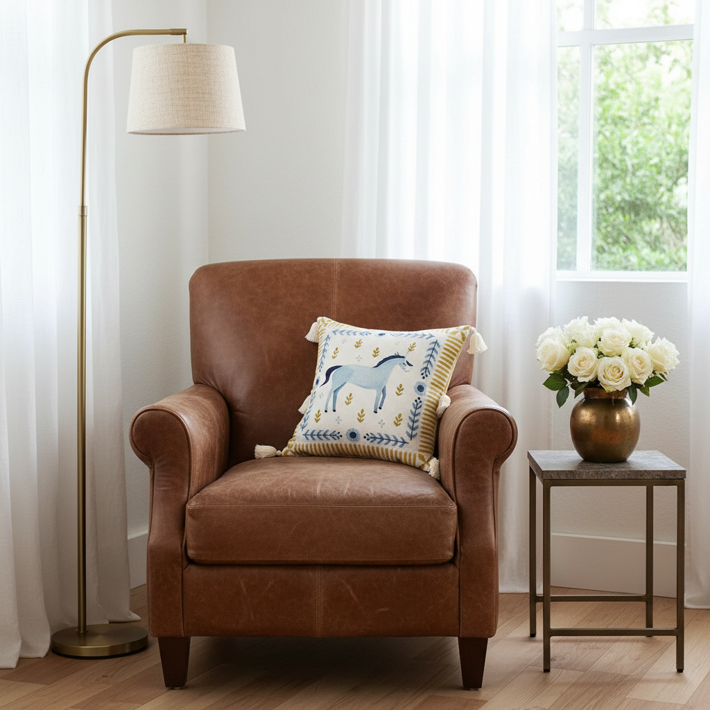 A cream-colored slipcovered loveseat sofa with a decorative throw pillow featuring a blue horse design, set against a textured beige wall and light wood flooring.
