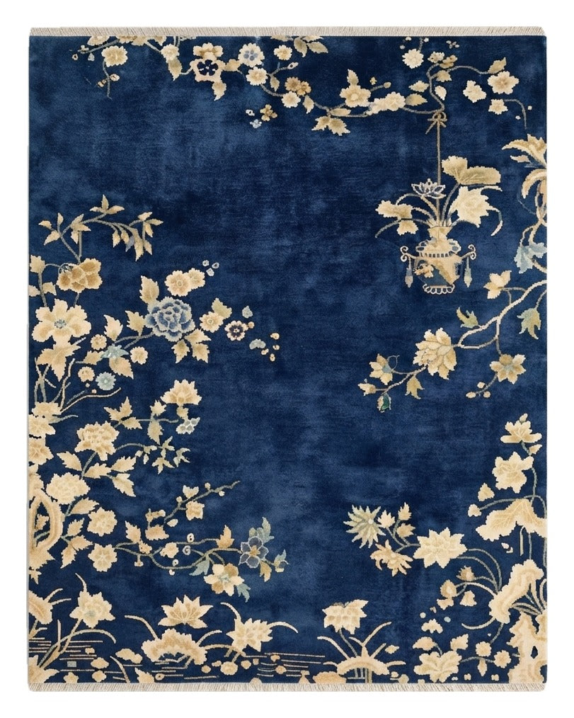 Midnight Plum Blossom Hand Knotted Rug — navy, cream, gold chinoiserie rug by Maia Homes on a white background
