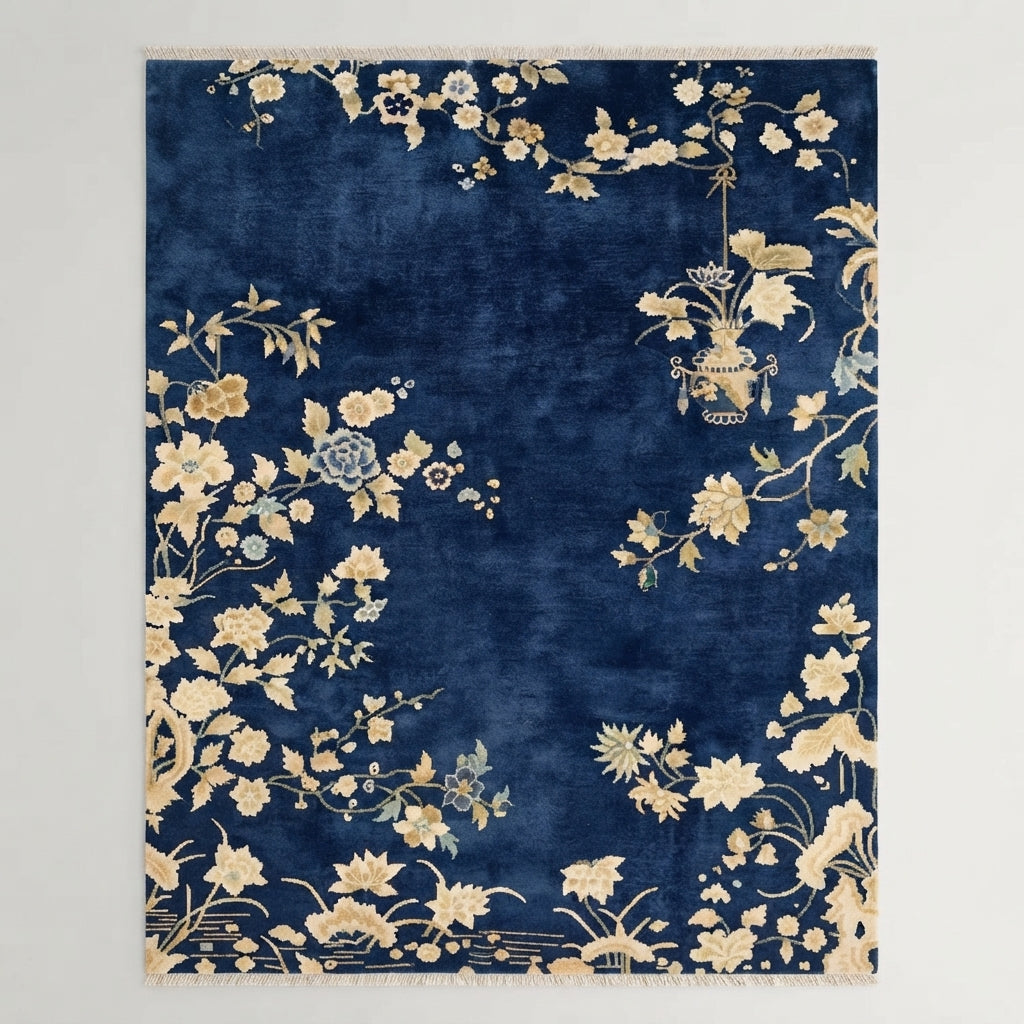 Midnight Plum Blossom Hand Knotted Rug — navy, cream, gold chinoiserie rug by Maia Homes