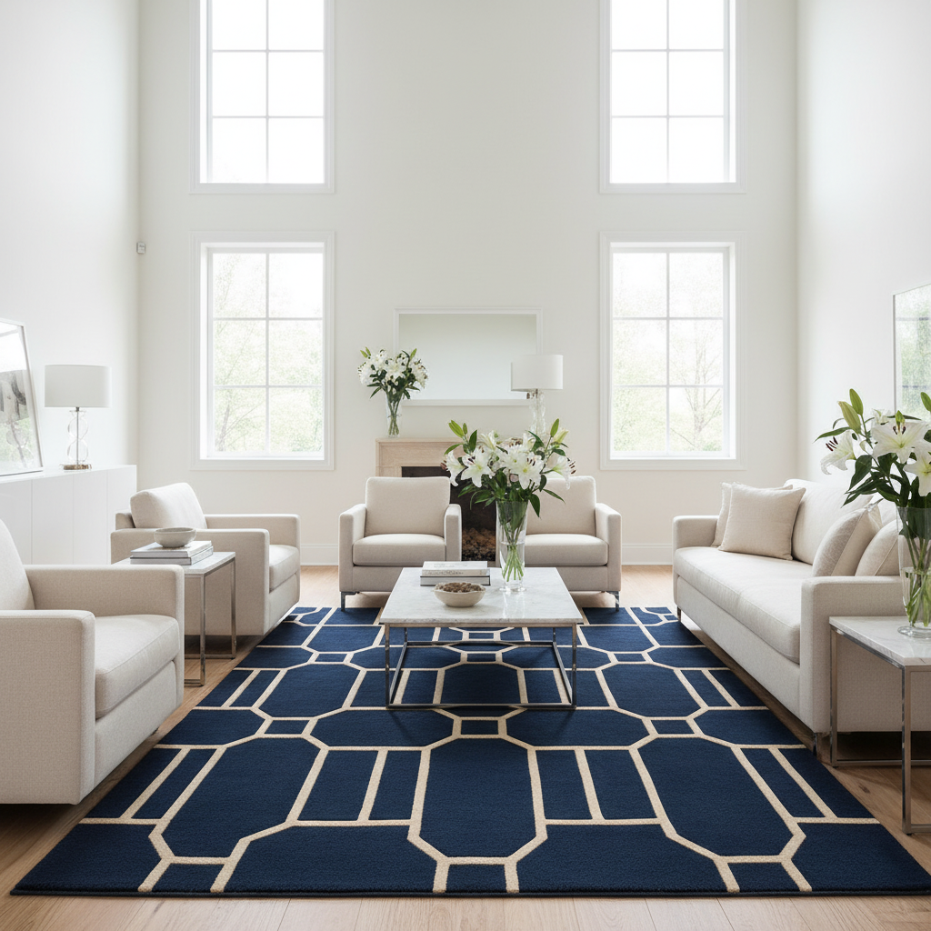 Modern living room with a blue patterned rug, white furniture, and large windows.