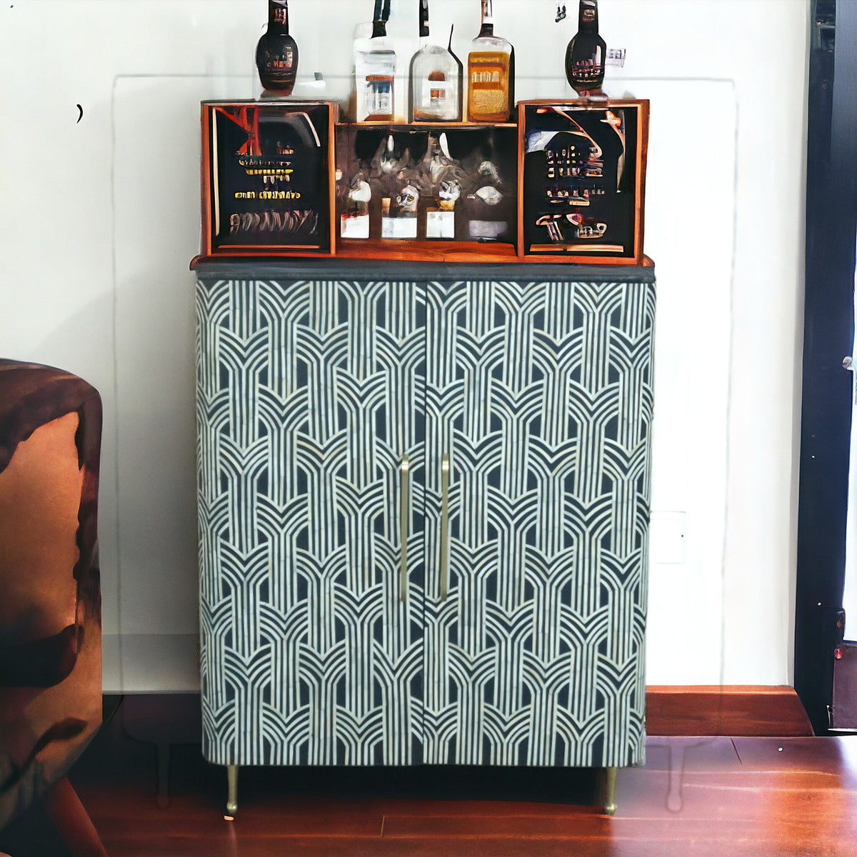 Midtown bone inlay bar cabinet in black with marble top, front view