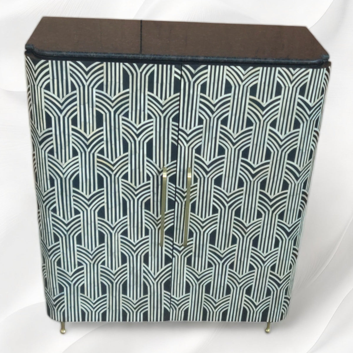 Black bone inlay bar cabinet, open interior