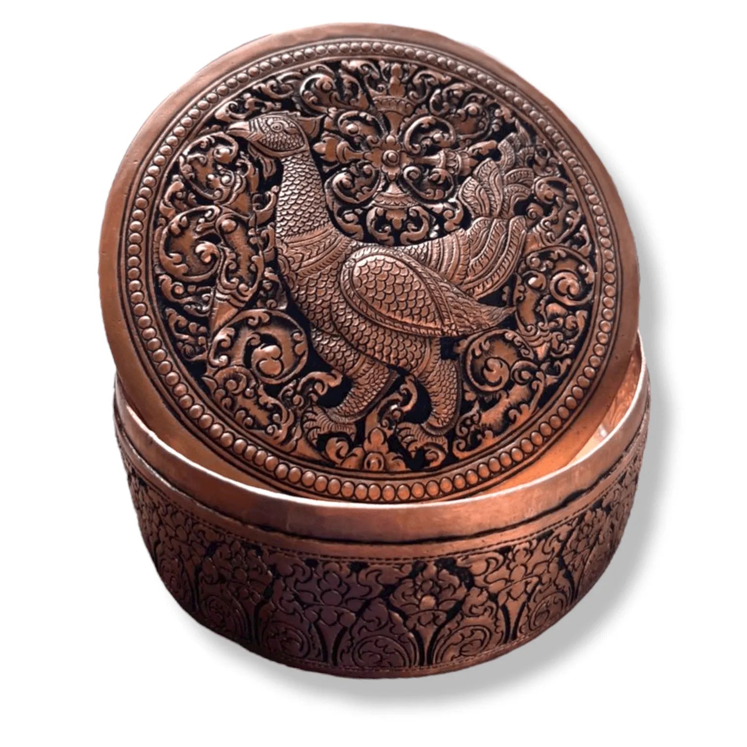 Mini Hand Engraved Solid Brass Niello Round Betel Box - Hamsa