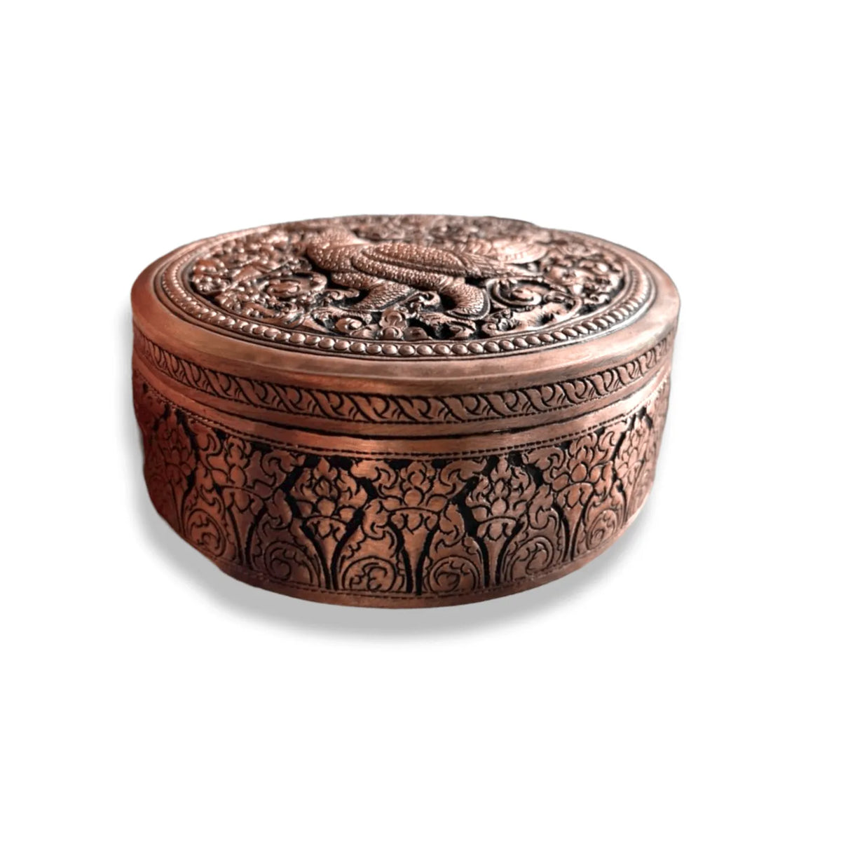 Mini Hand Engraved Solid Brass Niello Round Betel Box - Hamsa