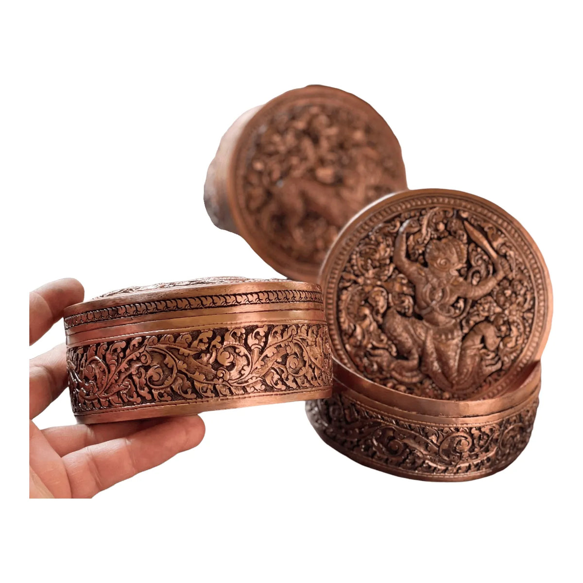 Mini Hand Engraved Solid Brass Niello Round Betel Box - Hamsa