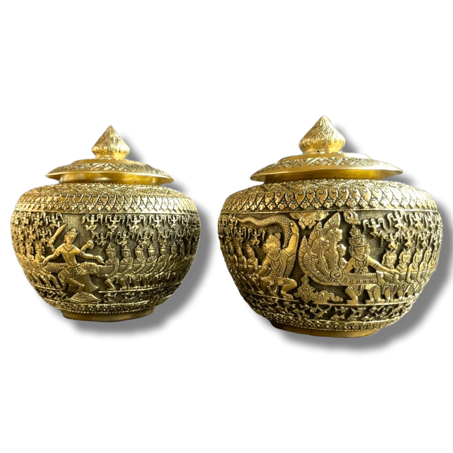 Hand Engraved Solid Brass Niello Betel Box with Lotus Lid - Ramayana