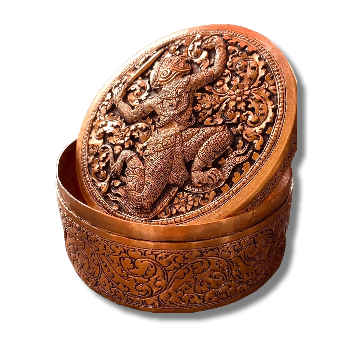 Mini Hand Engraved Solid Brass Niello Round Betel Box - Hanuman