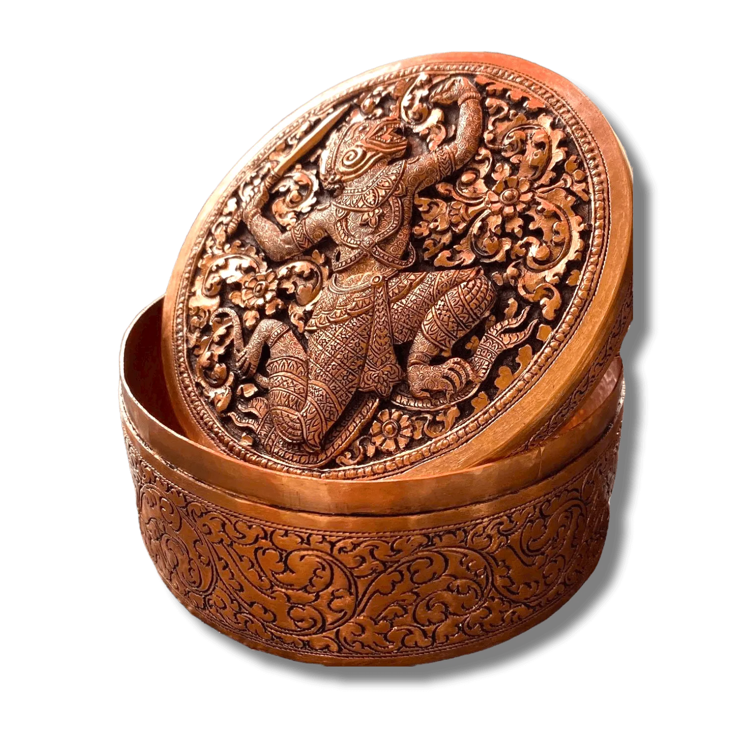 Mini Hand Engraved Solid Brass Niello Round Betel Box - Hanuman